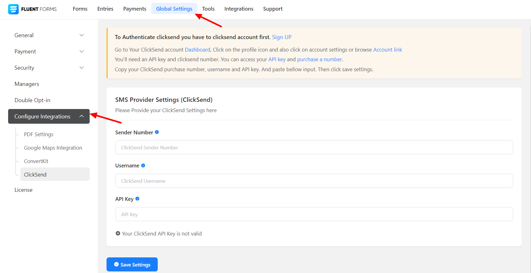 Global Settings %E2%80%B9 Fluent Forms Test %E2%80%94 WordPress 1 5 50223