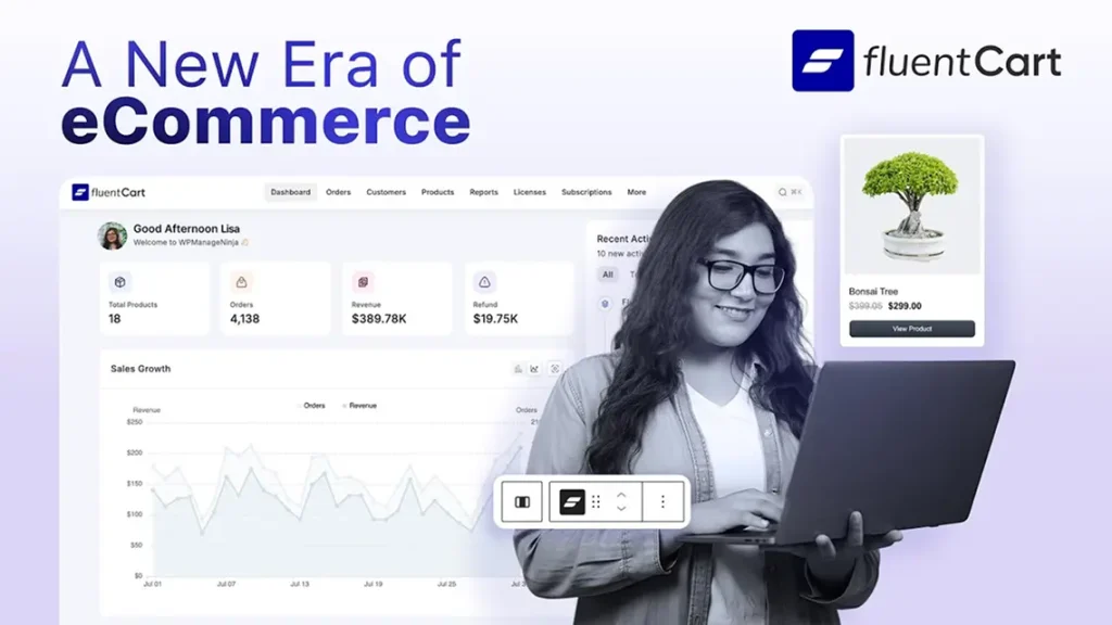 FluentCart highlights a modern eCommerce dashboard designed to simplify product management, order tracking, and revenue monitoring from a single interface.
The hero section emphasizes performance, usability, and a streamlined experience for growing online businesses.