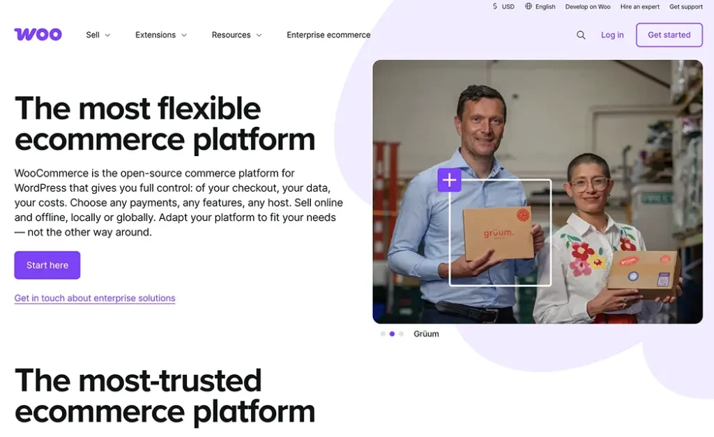 WooCommerce showcases its flexible, open-source platform built for businesses of all sizes selling online through WordPress.
The hero section focuses on customization, ownership, and the ability to adapt the store to unique business needs.