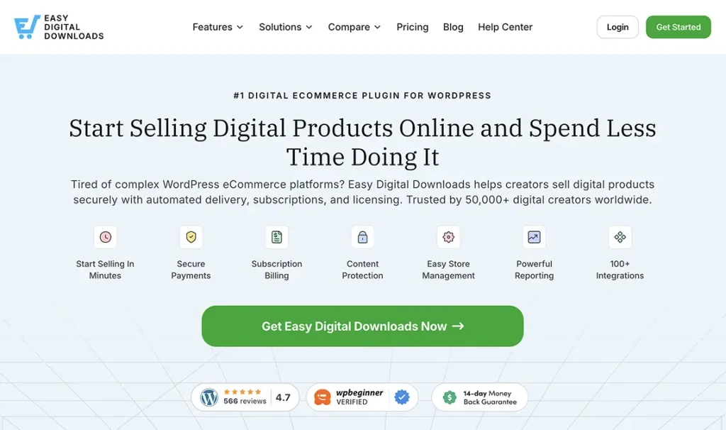 Easy Digital Downloads presents itself as a dedicated solution for selling digital products such as software, eBooks, and online resources.
The hero area highlights automated delivery, subscription management, secure payments, and extensive integrations.