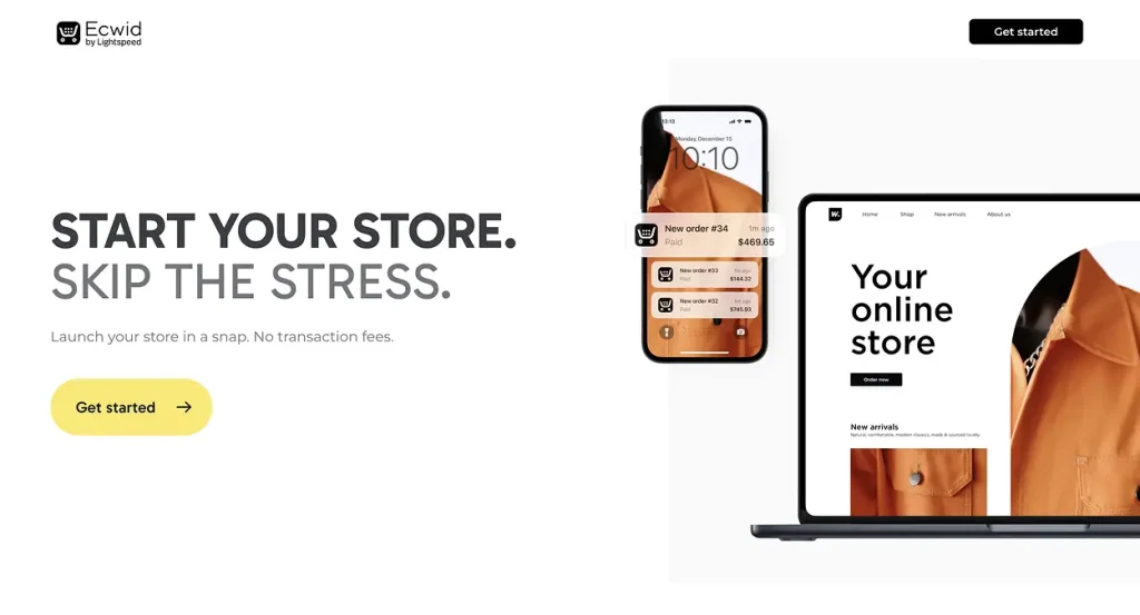 Ecwid promotes a simple way to launch and manage an online store without the complexity of traditional eCommerce platforms.
The visual demonstrates multi-device store management and a streamlined selling experience with no transaction fees.