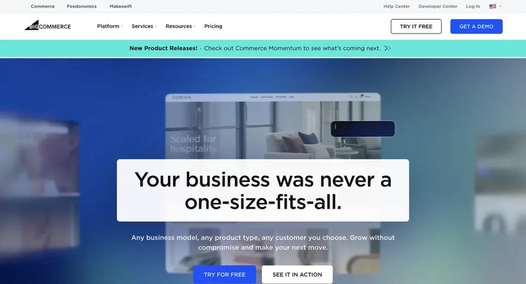 BigCommerce positions itself as a scalable eCommerce platform that supports diverse business models and customer experiences.
The hero section emphasizes flexibility, growth, and enterprise-level capabilities without compromising usability.