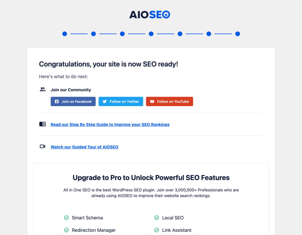 All in One SEO - Success message after installation