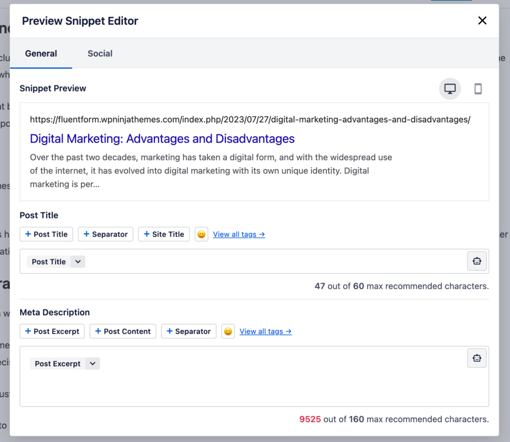 All in One SEO - Preview Snippet Editor