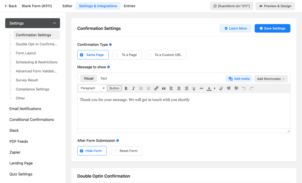 Fluent Forms - Various form settings