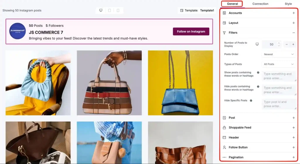 WP Social Ninja's General customization options for Instagram feed