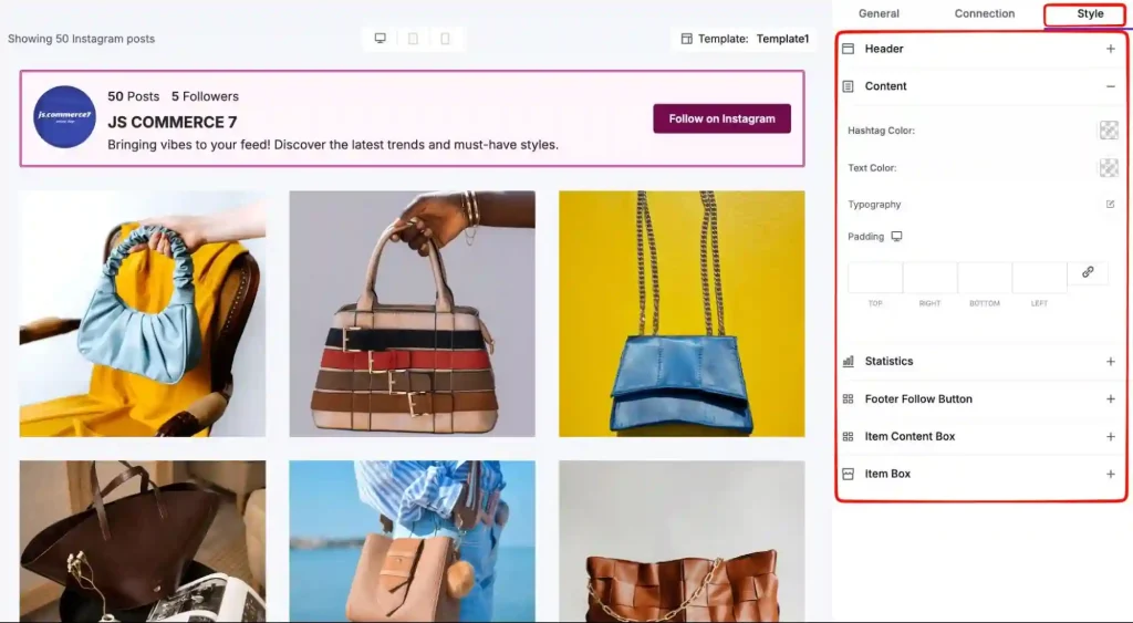 WP Social Ninja's Style customization options for Instagram feed