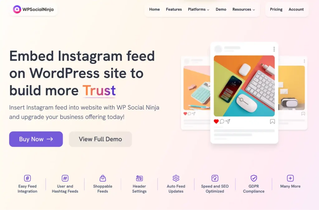 WP Social Ninja Instagram feed landing page