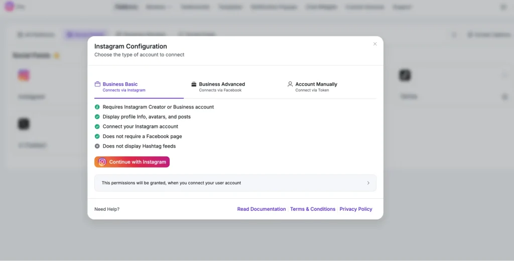 Instagram feed connection options inside WP Social Ninja dashboard
