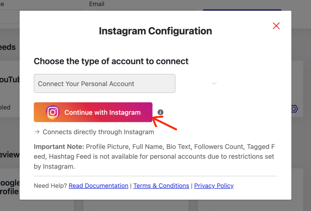 Add Instagram feed - Continue with Instagram