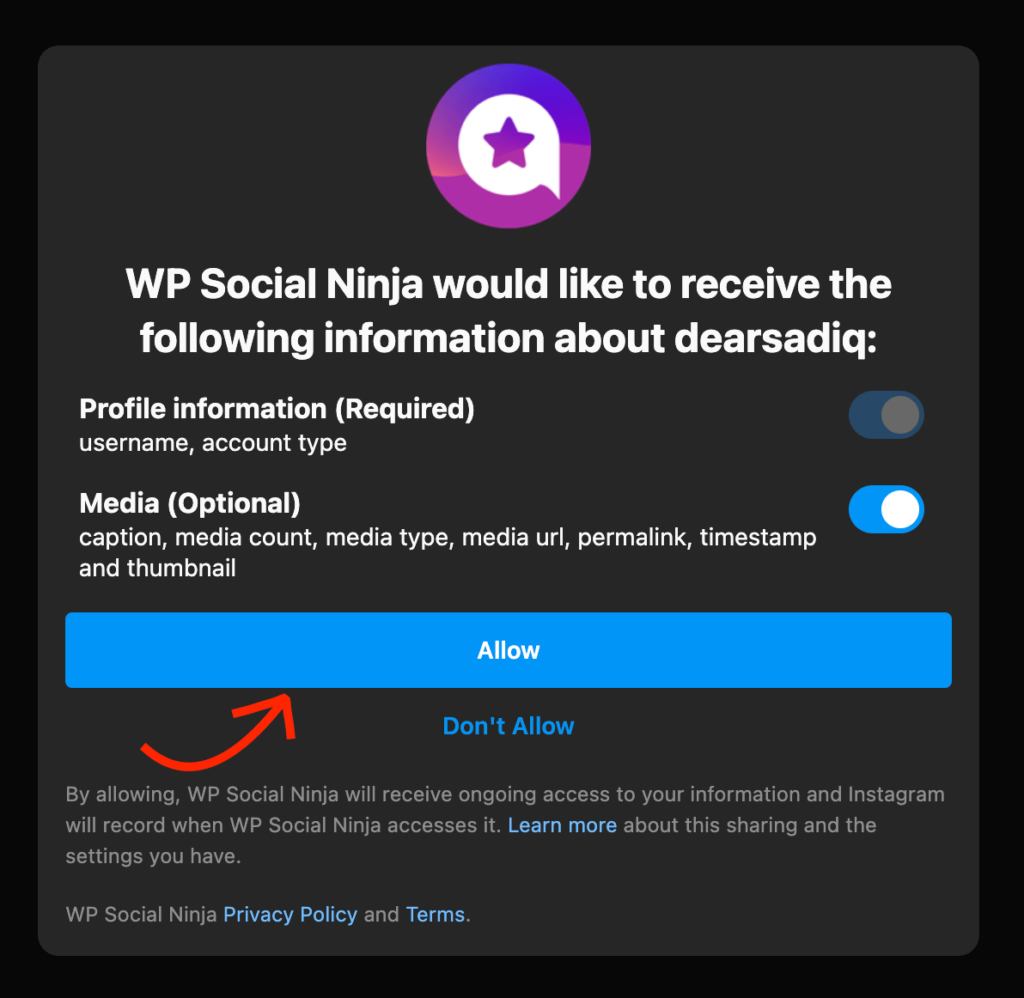 Add Instagram feed - Allow WP Social Ninja to access Instagram