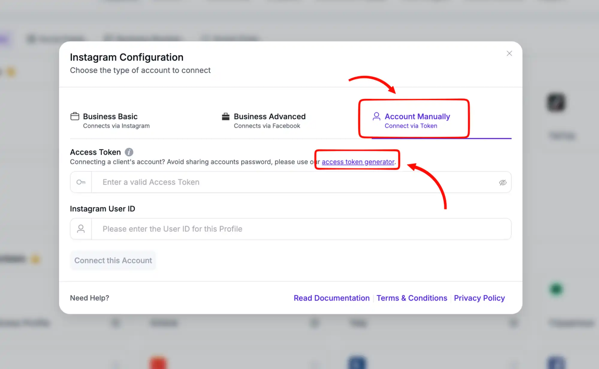 Access Token Generator to setup instagram account manually