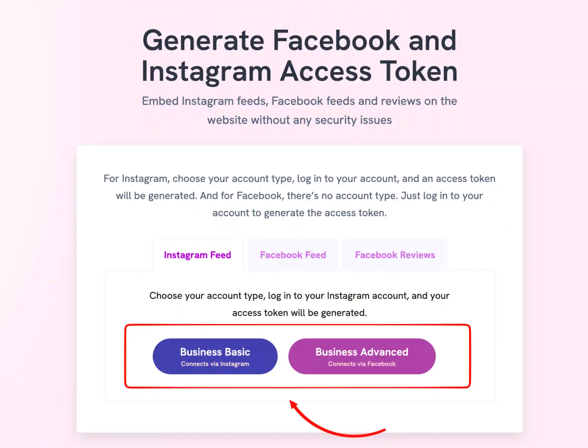 Choose your account type from Instagram access token generator