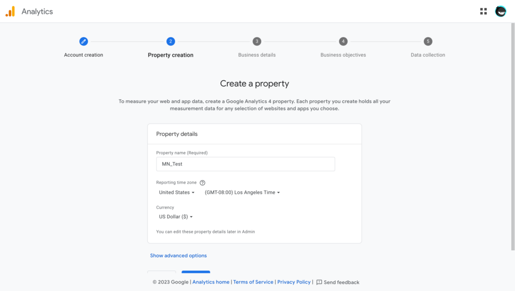 Create a property on Google Analytics