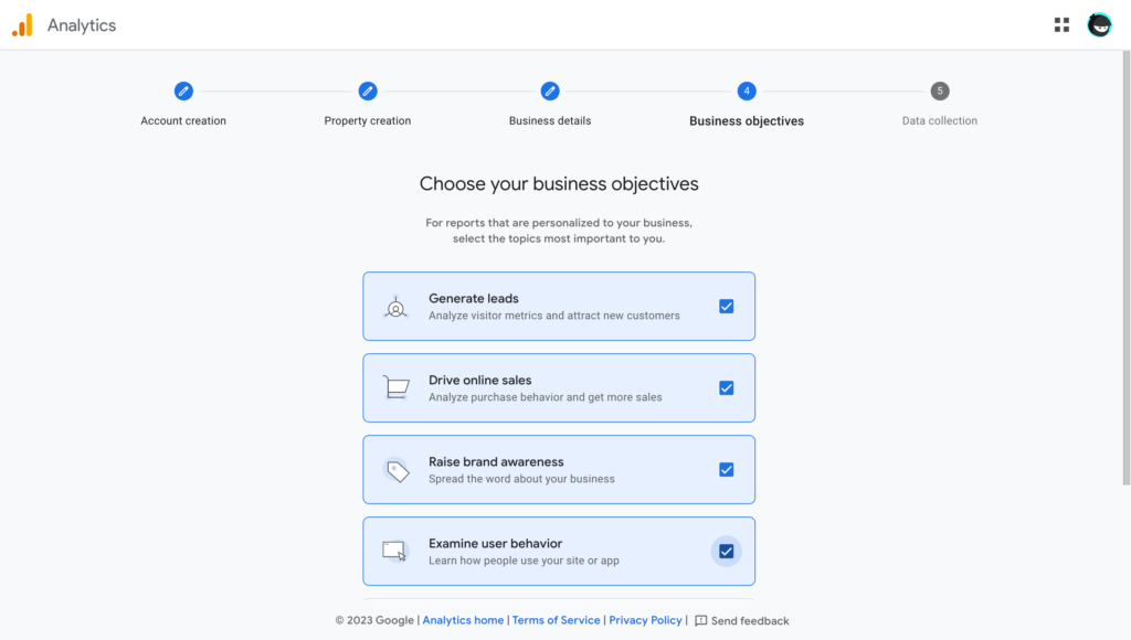 Select your business objectives on Google Analytics