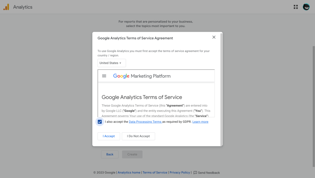 Accept terms of service agreement in Google Analytics