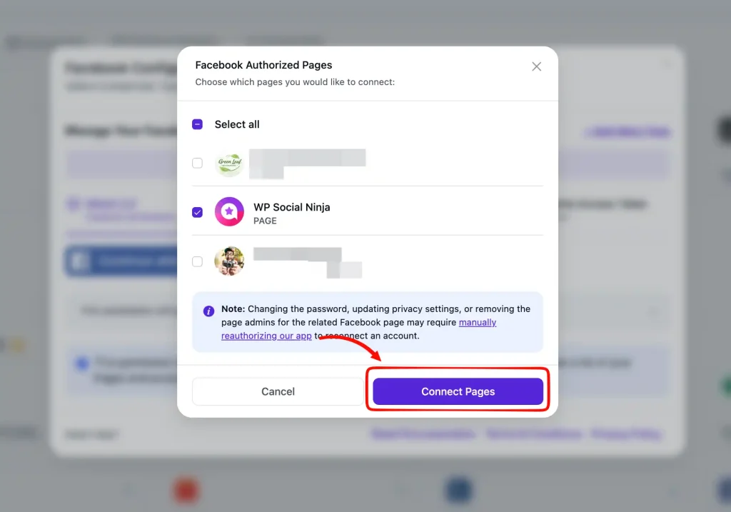 Showing WPSocialNinja popup appeared asking you to select one or more Facebook Pages to display on your website.