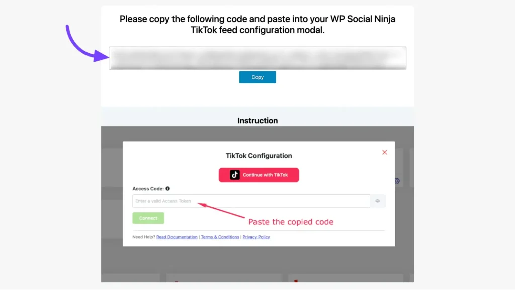 Showing TIKTOK Access Code. Copy it and paste it into the Access Code field in WP Social Ninja.
