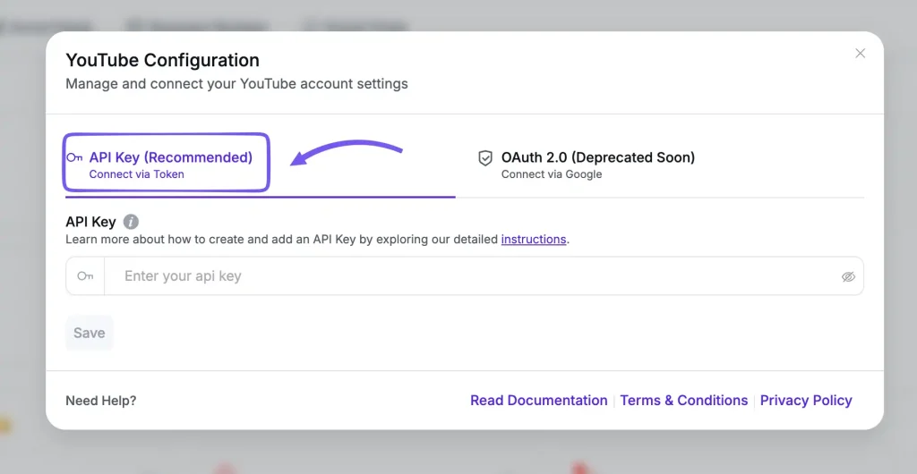 Image Showing youtube API key to embed a YouTube feed with WP Social Ninja