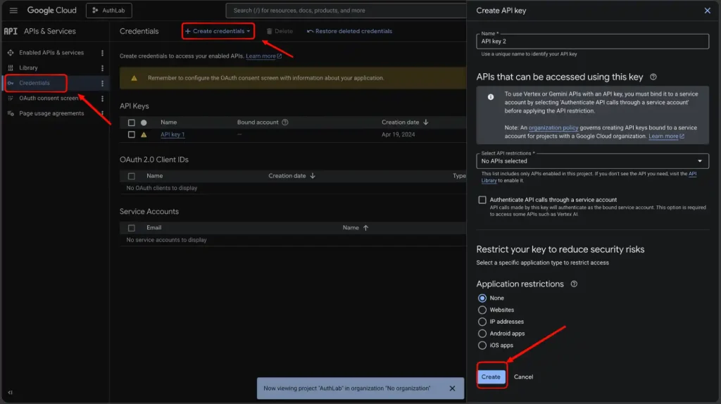 Image showing Navigate to APIs and Services, then Credentials. Click Create Credentials, select API Key, and click Create. Copy the key generated.