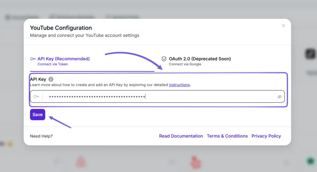 Showing setting up Youtube API key inside WPSocialNinja