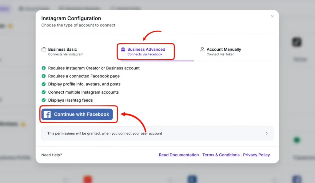 Image showing how to Select Business Advanced from the Account Type dropdown and click the Connect with Facebook button.
