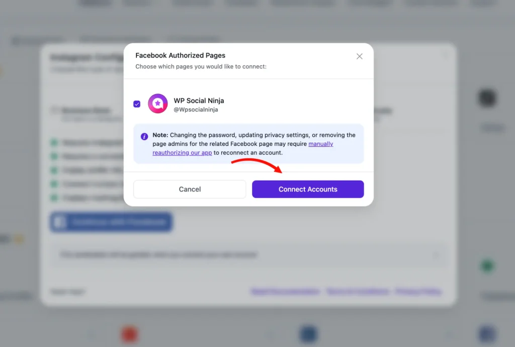 Showing Access and Permissions screen. Click Continue to grant the necessary permissions. Then, select your Business Account linked to Facebook and click Connect Accounts.