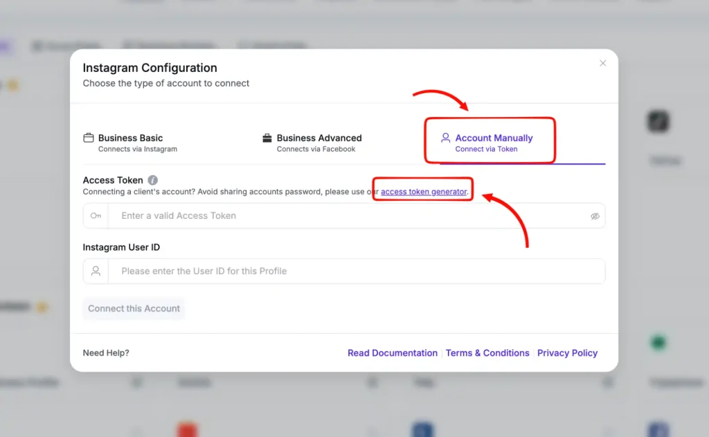 Image showing how you can generate access token and connect an Instagram account manually