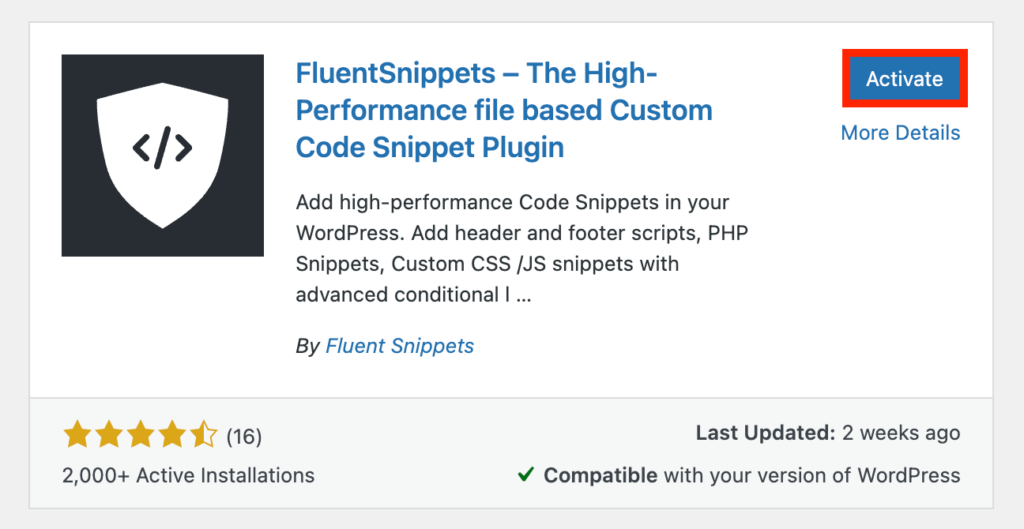 FluentSnippets - Activate the plugin