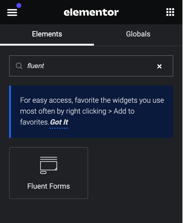 Find Fluent Forms widget in Elementor