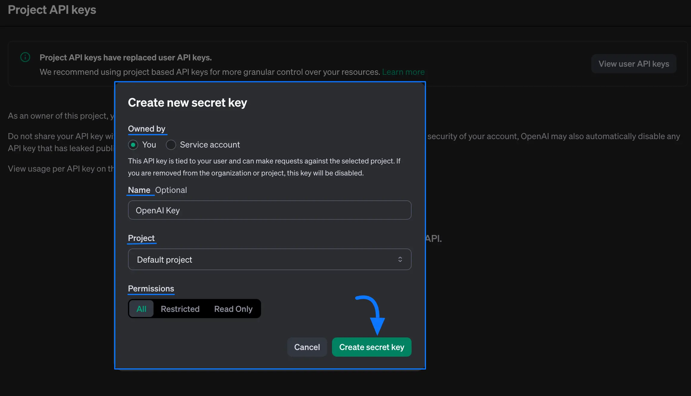 Create new secret key popup