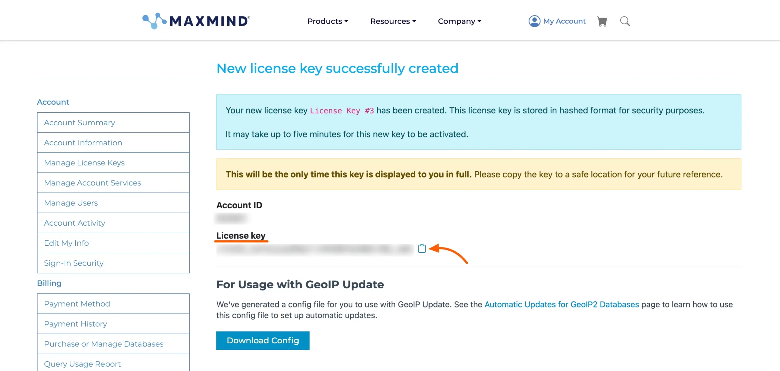 New-license-key-successfully-created-in-MaxMind
