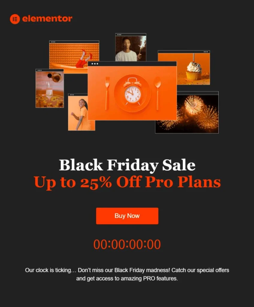 Elementor’s 2025 Black Friday campaign presented separate offers for its Editor plans, Hosting, add-ons, and support. Customers could find the product category that suited them.webp