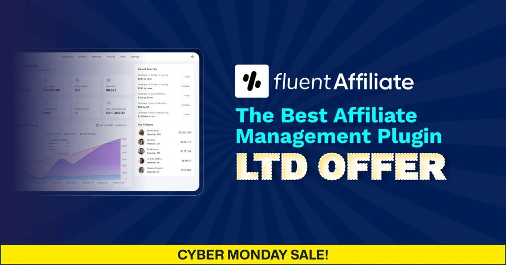 FluentAffiliate is offering Cyber Monday deals, Best WordPress Cyber Monday deals