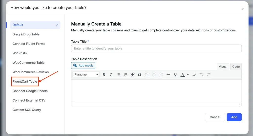 FluentCart-in-table-creation-menu