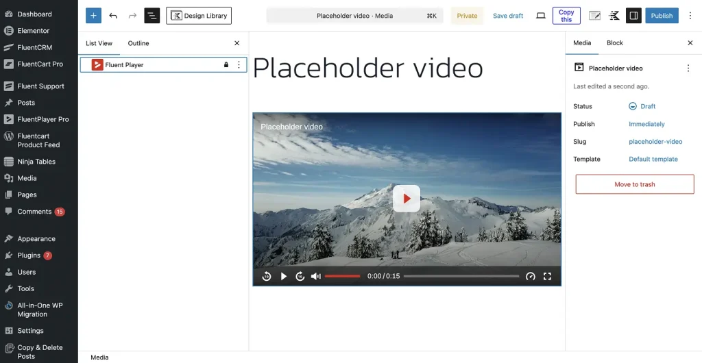 FluentPlayer block on a product page in the WordPress editor