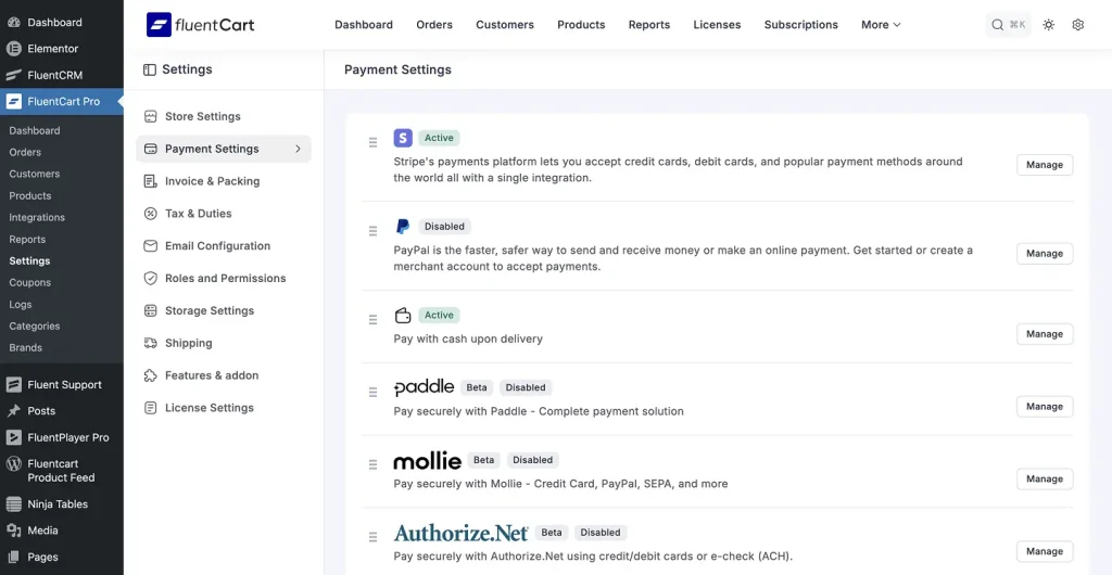 FluentCart Payment Settings screen showing Stripe and other payment gateways - FluentCart