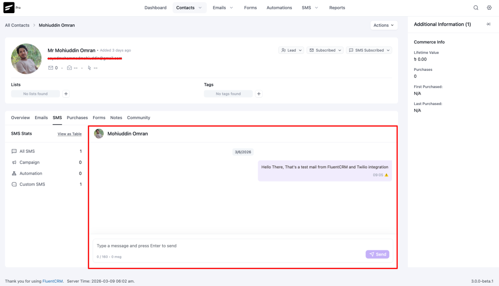 Send and Receive SMS from FluentCRM Dashboard
