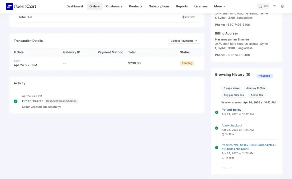 FluentCart Dashboard of Order Tracking including Browsing History