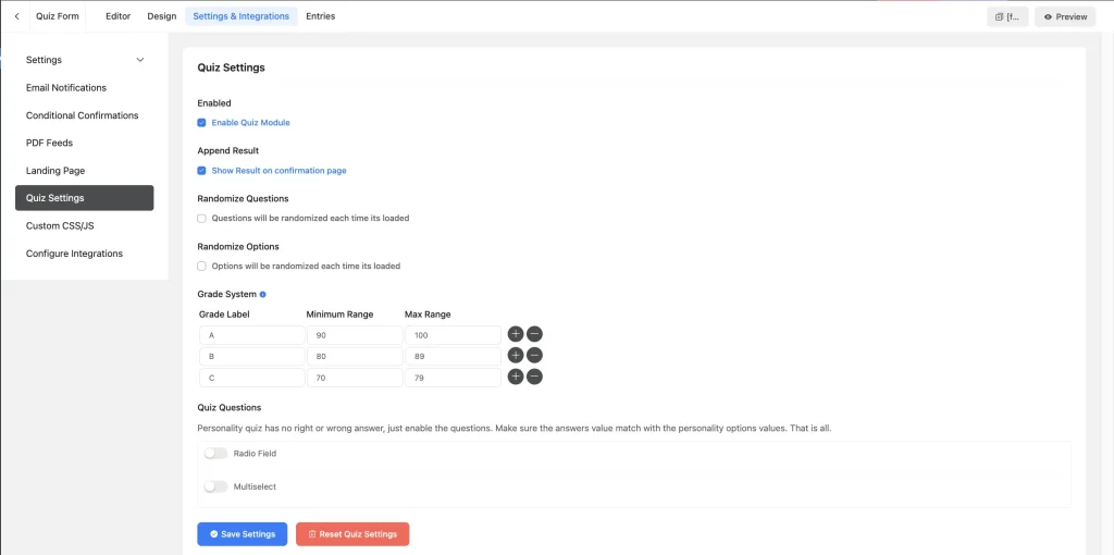 Quiz settings in Fluent Forms