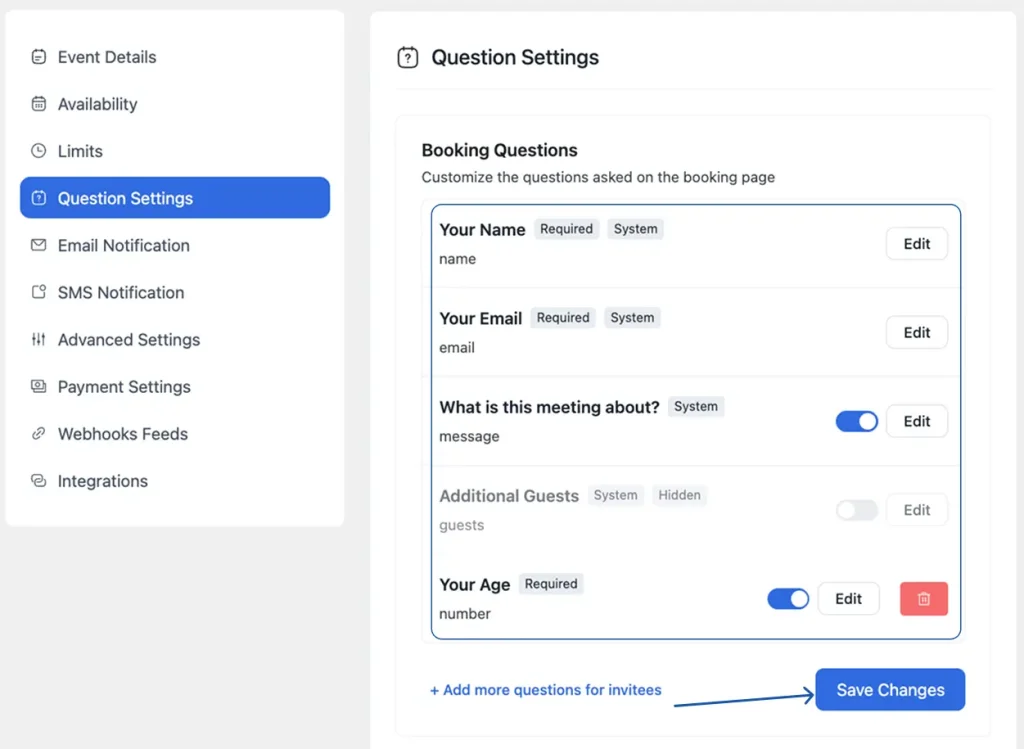 FluentBooking question settings tab showing default Name and Email fields