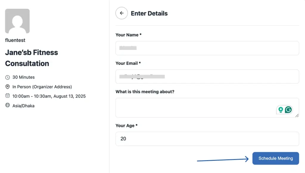 FluentBooking booking form filled in with test attendee name, email, and custom field answers