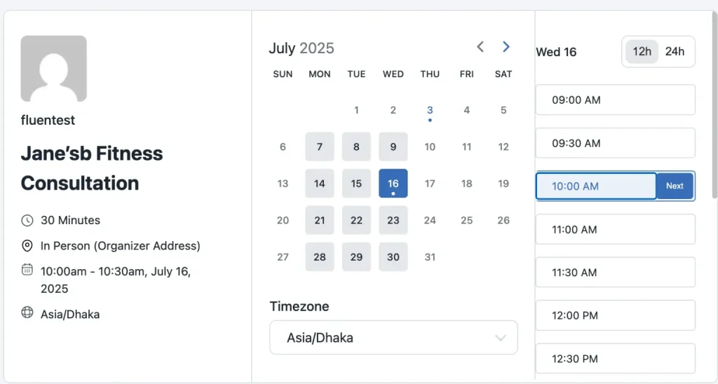 FluentBooking booking page preview showing available dates highlighted on the calendar