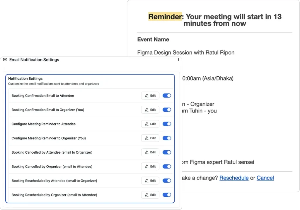 FluentBooking email notification tab showing booking confirmation, reminder, cancellaton, reschedule toggle switched on