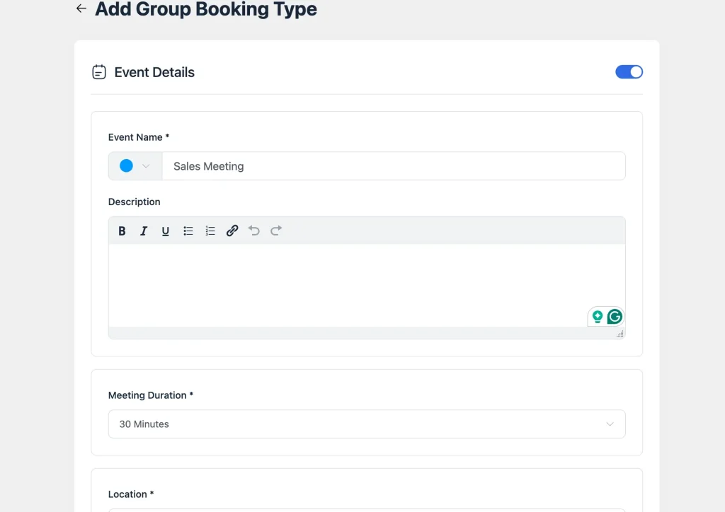 FluentBooking event details form showing fields for event name, description, duration, location, and timezone