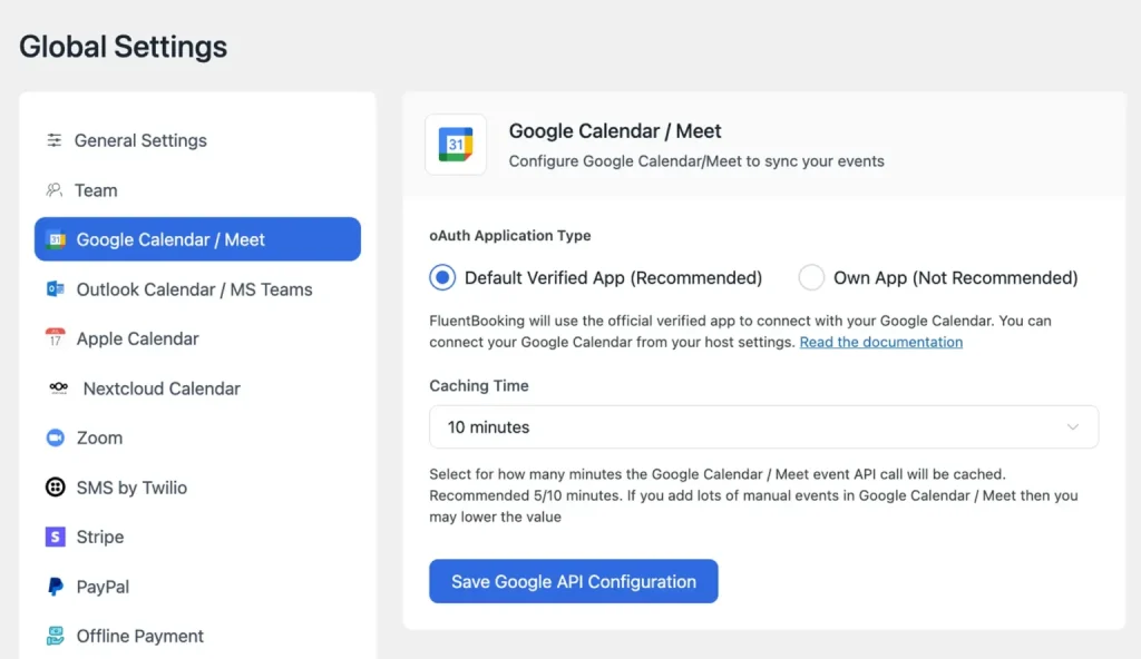 FluentBooking Google Calendar integration screen showing a connected account and two-way sync enabled