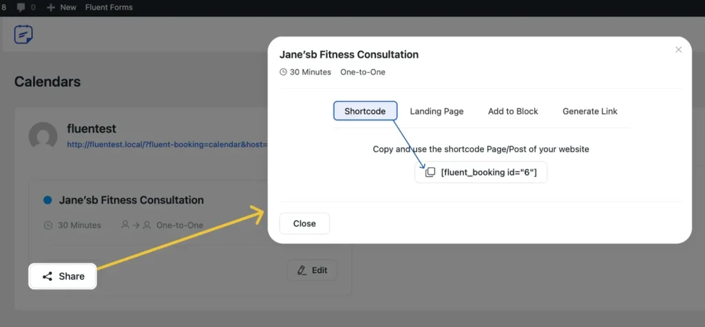 FluentBooking share popup showing the Shortcode tab with a shortcode ready to copy