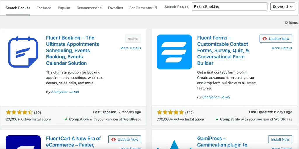 WordPress plugin search results page showing FluentBooking in the list