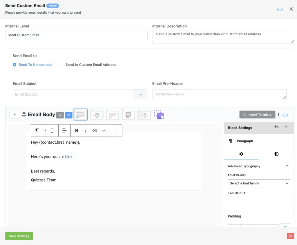 Email template creation for Quiz Takers