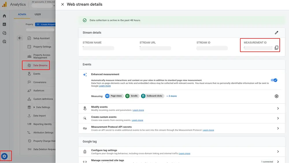 Where to find the Measurement ID inside GA4 Admin - WPManageNinja Blogs